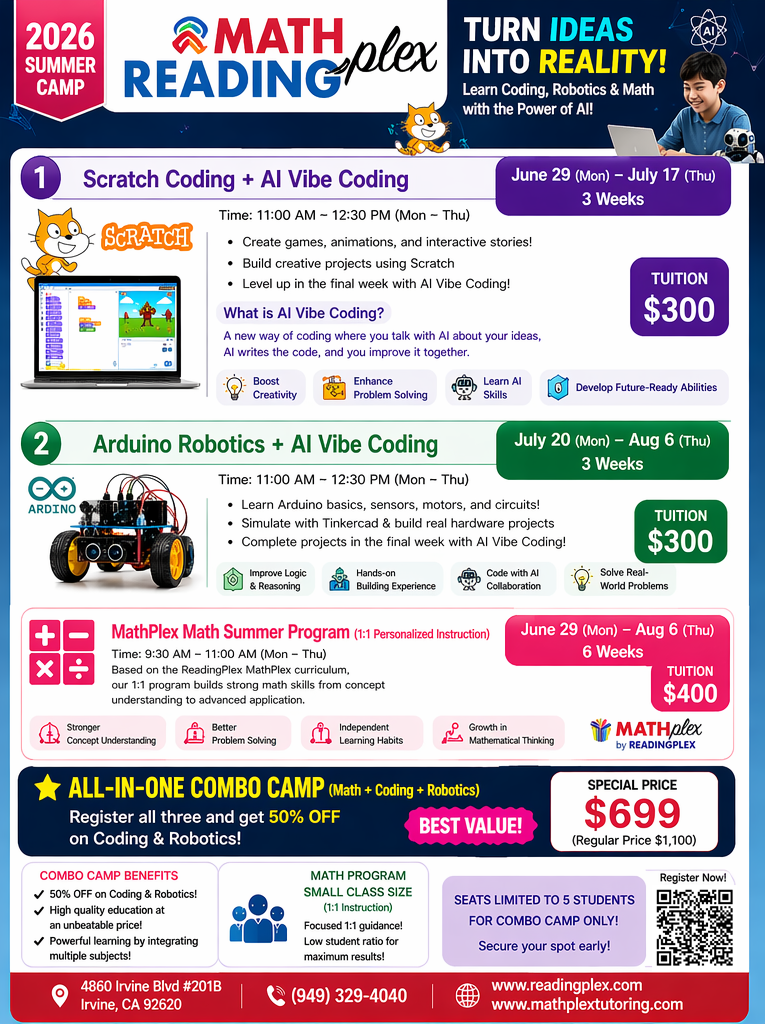 2026 Summer Camp: Scratch coding, Arduino robotics, and related programs at ReadingPlex MathPlex